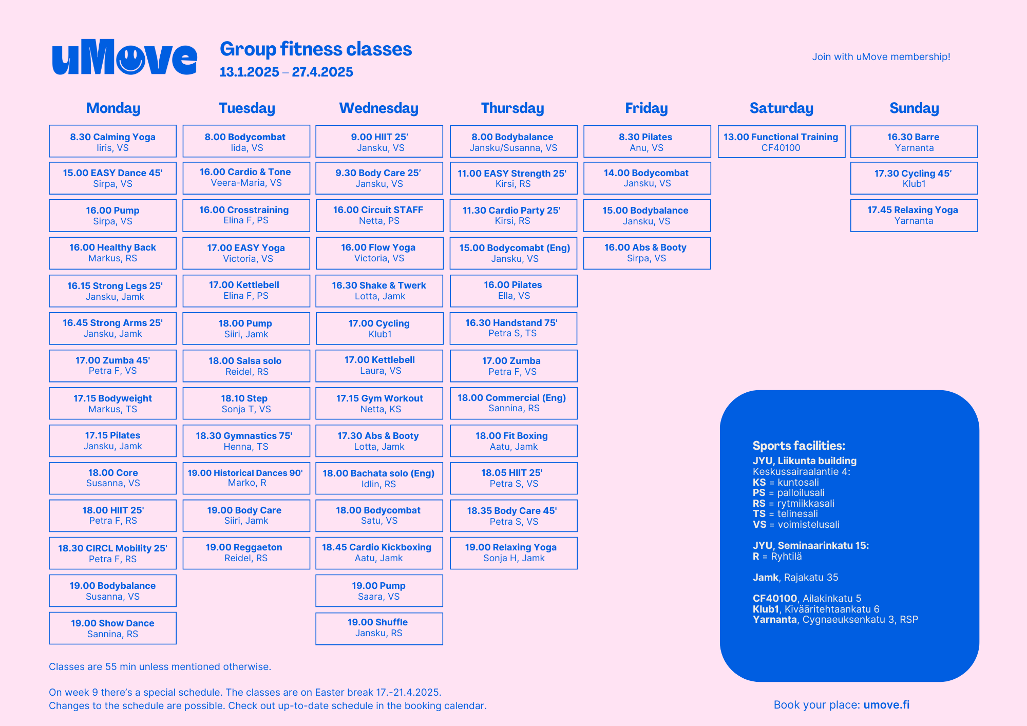 Group fitness calendar spring 2025