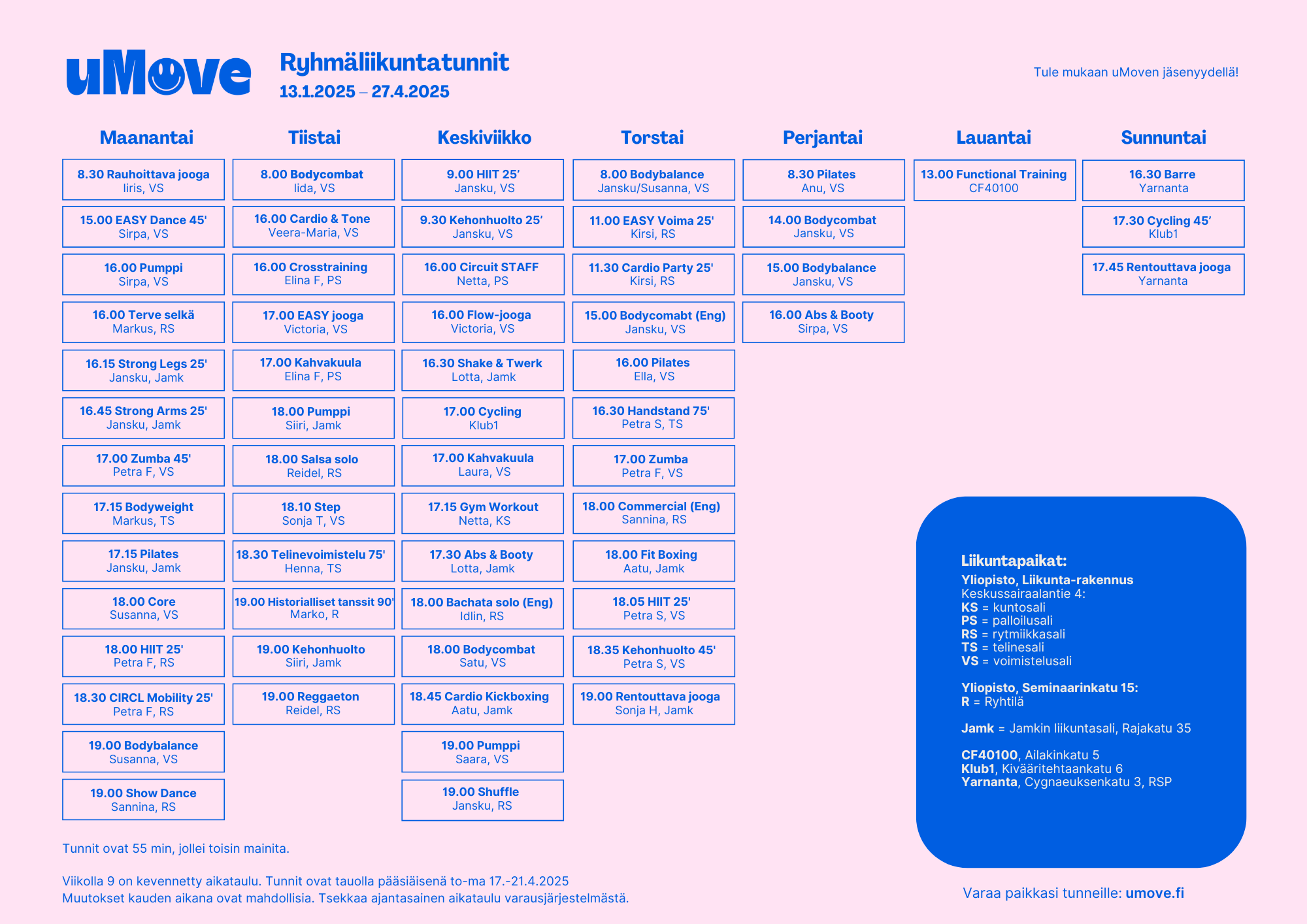 Kevään 2025 ryhmäliikuntakalenteri